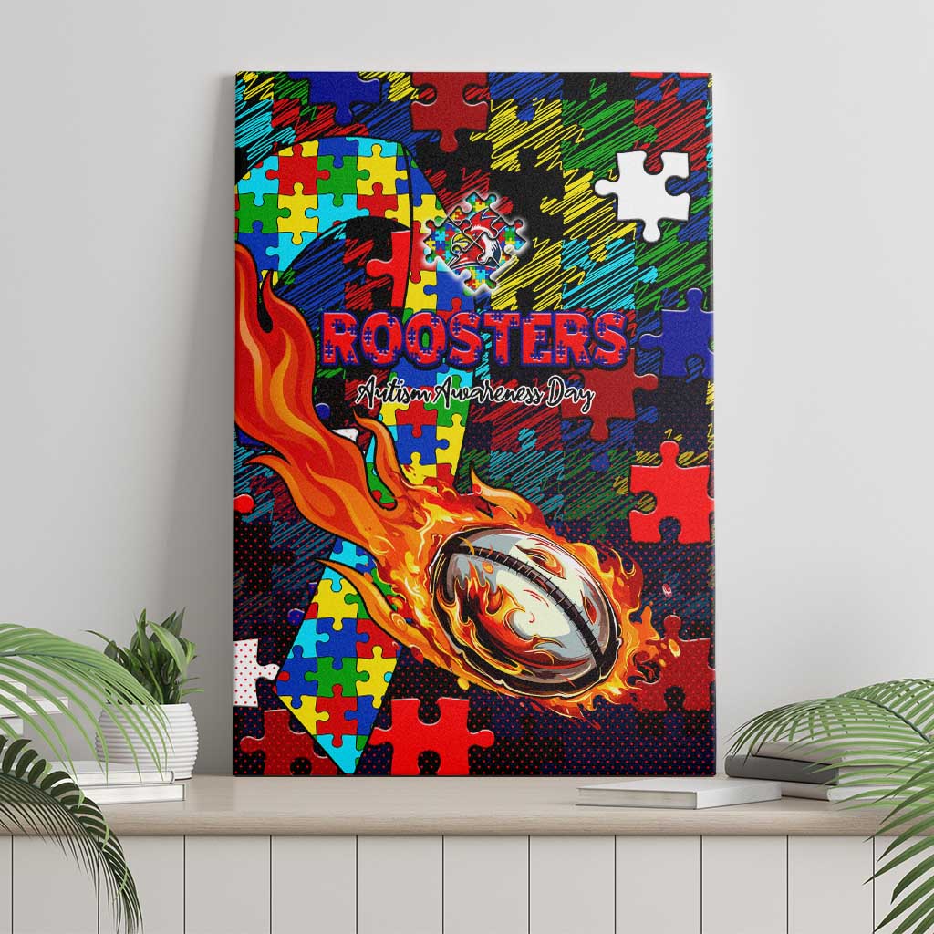Roosters Autism Awareness Canvas Wall Art Puzzle Flames Rugby Ball