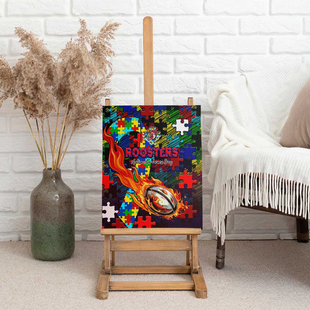 Roosters Autism Awareness Canvas Wall Art Puzzle Flames Rugby Ball