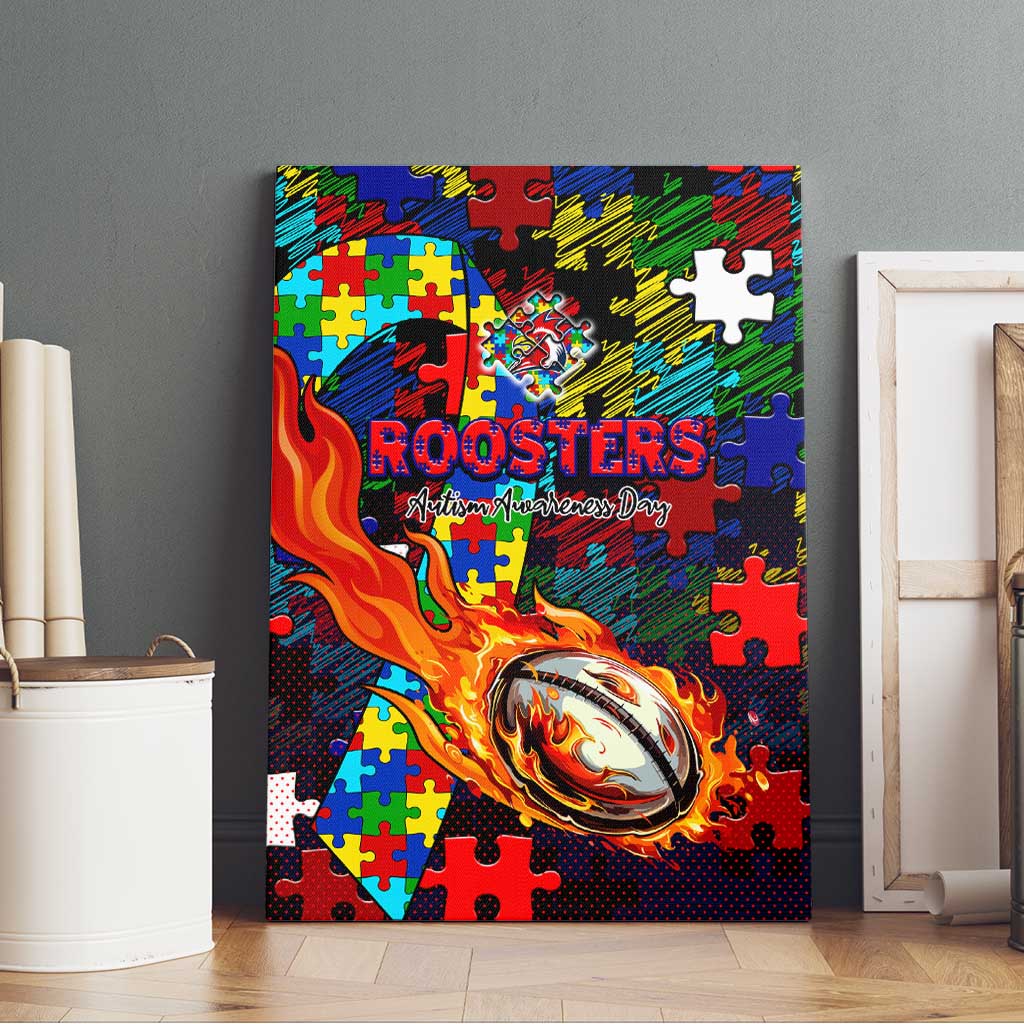 Roosters Autism Awareness Canvas Wall Art Puzzle Flames Rugby Ball