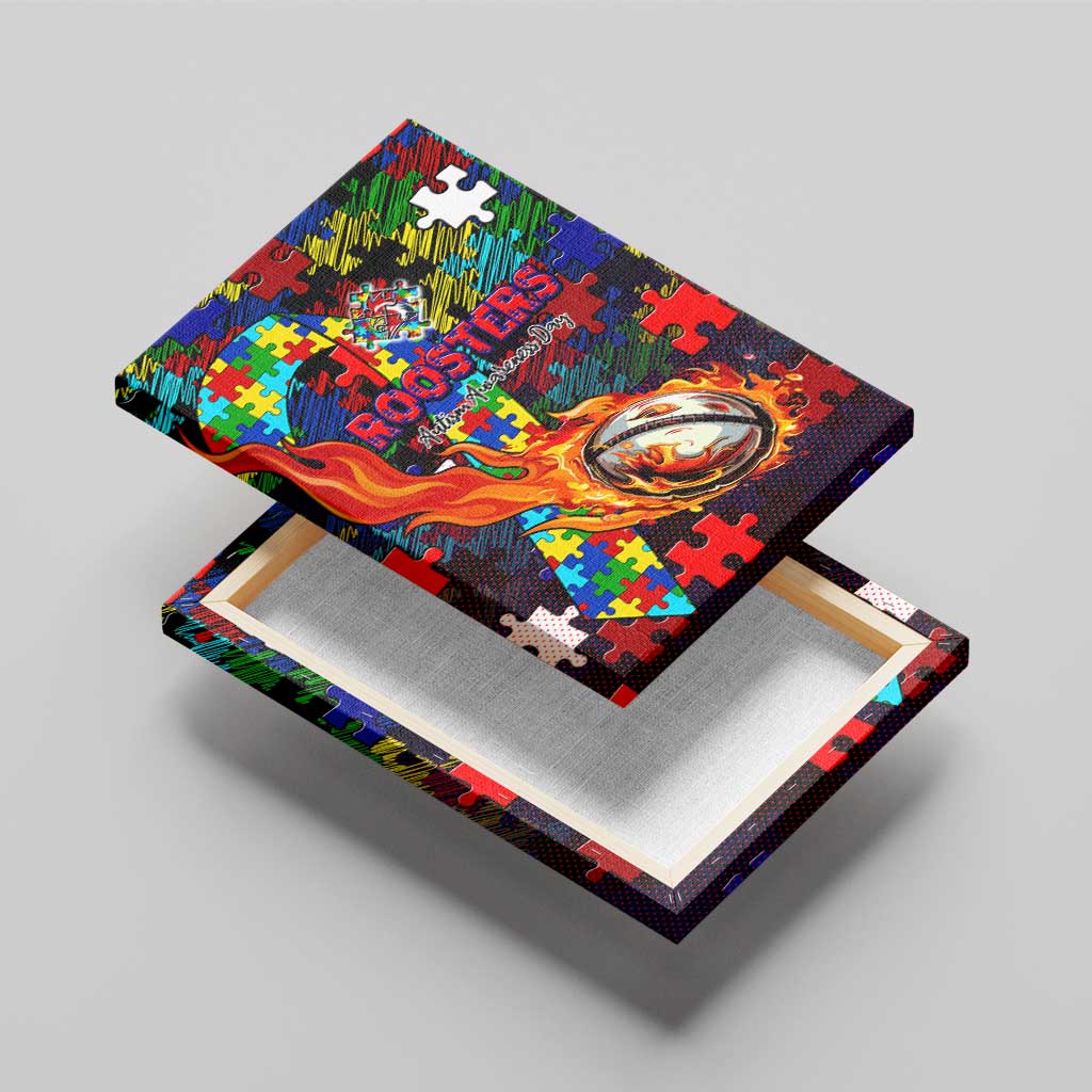 Roosters Autism Awareness Canvas Wall Art Puzzle Flames Rugby Ball