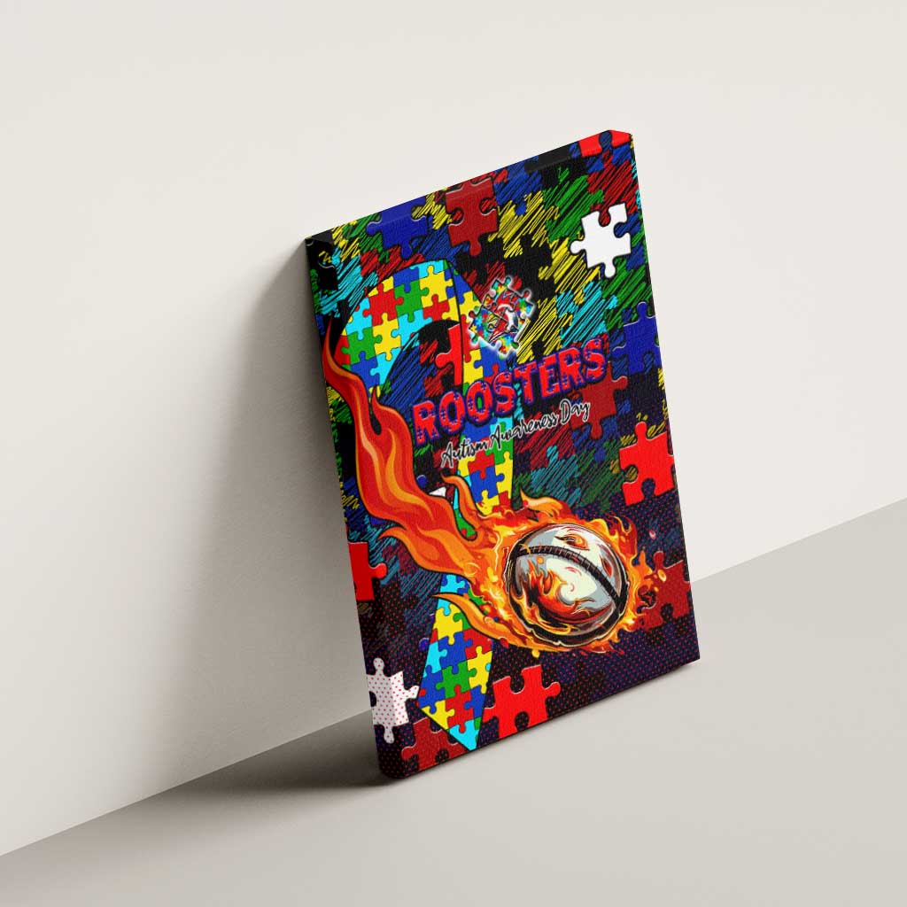 Roosters Autism Awareness Canvas Wall Art Puzzle Flames Rugby Ball