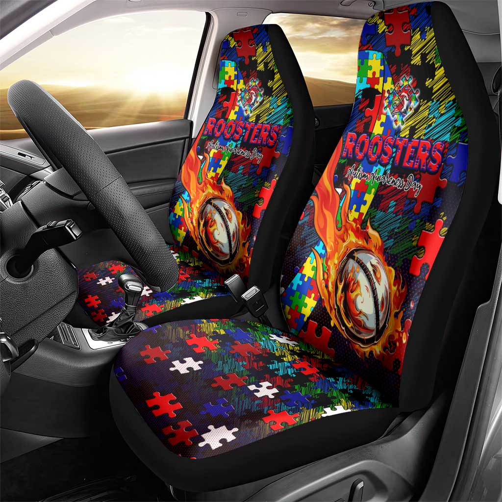 Roosters Autism Awareness Car Seat Cover Puzzle Flames Rugby Ball