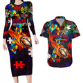 Roosters Autism Awareness Couples Matching Long Sleeve Bodycon Dress and Hawaiian Shirt Puzzle Flames Rugby Ball