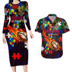 Roosters Autism Awareness Couples Matching Long Sleeve Bodycon Dress and Hawaiian Shirt Puzzle Flames Rugby Ball