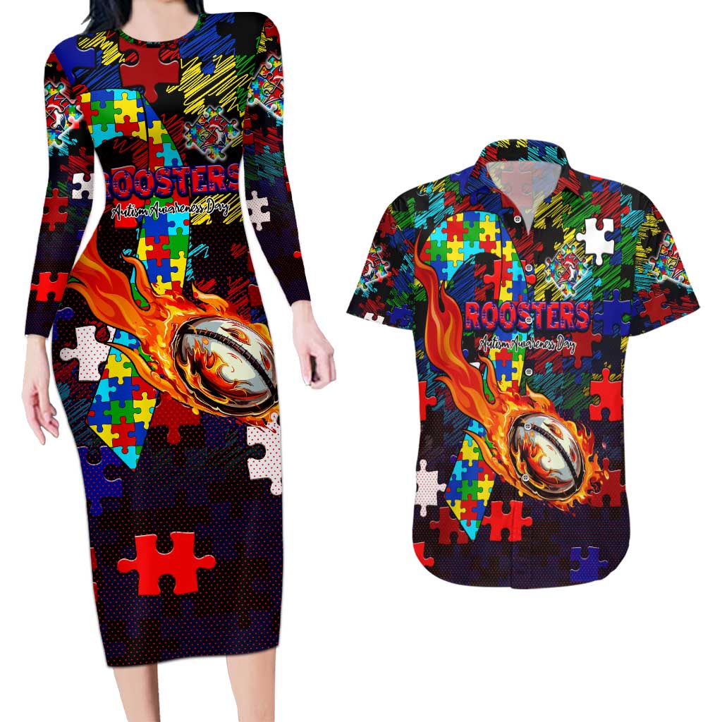 Roosters Autism Awareness Couples Matching Long Sleeve Bodycon Dress and Hawaiian Shirt Puzzle Flames Rugby Ball