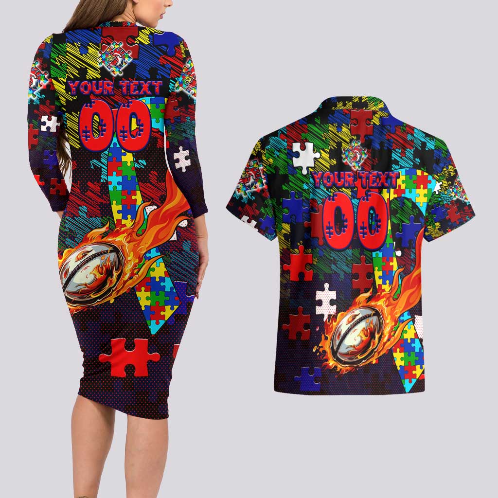 Roosters Autism Awareness Couples Matching Long Sleeve Bodycon Dress and Hawaiian Shirt Puzzle Flames Rugby Ball