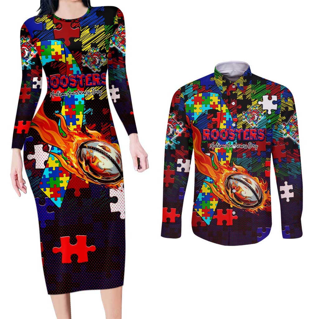 Roosters Autism Awareness Couples Matching Long Sleeve Bodycon Dress and Long Sleeve Button Shirt Puzzle Flames Rugby Ball