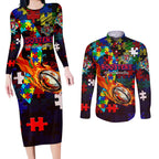 Roosters Autism Awareness Couples Matching Long Sleeve Bodycon Dress and Long Sleeve Button Shirt Puzzle Flames Rugby Ball