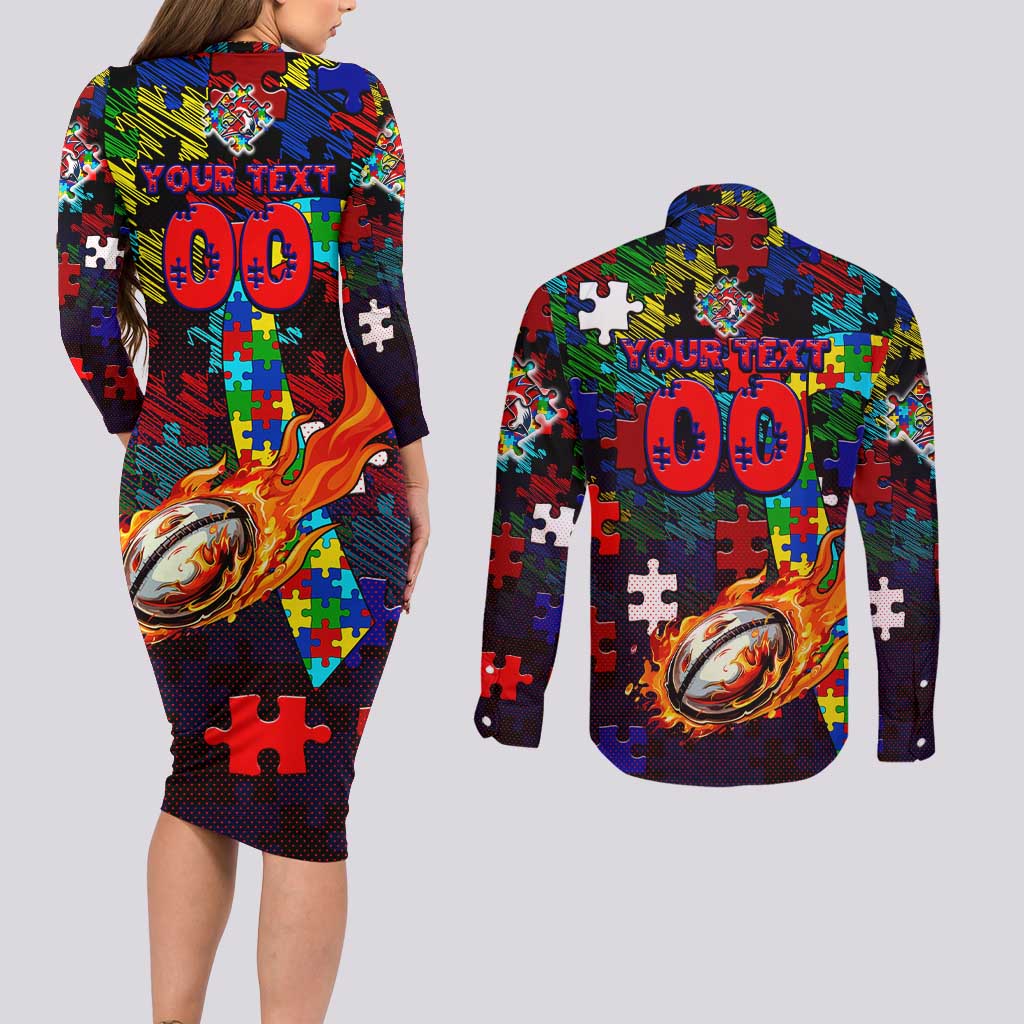 Roosters Autism Awareness Couples Matching Long Sleeve Bodycon Dress and Long Sleeve Button Shirt Puzzle Flames Rugby Ball