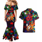Roosters Autism Awareness Couples Matching Mermaid Dress and Hawaiian Shirt Puzzle Flames Rugby Ball