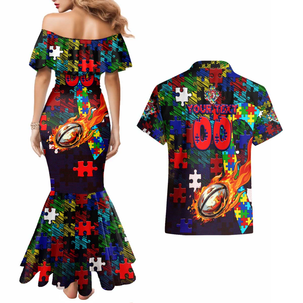 Roosters Autism Awareness Couples Matching Mermaid Dress and Hawaiian Shirt Puzzle Flames Rugby Ball
