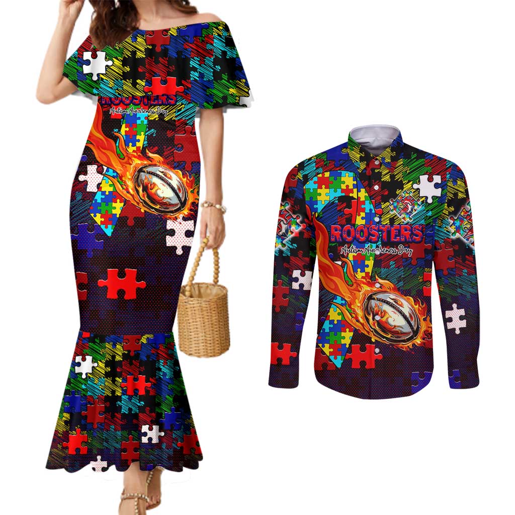 Roosters Autism Awareness Couples Matching Mermaid Dress and Long Sleeve Button Shirt Puzzle Flames Rugby Ball