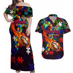 Roosters Autism Awareness Couples Matching Off Shoulder Maxi Dress and Hawaiian Shirt Puzzle Flames Rugby Ball