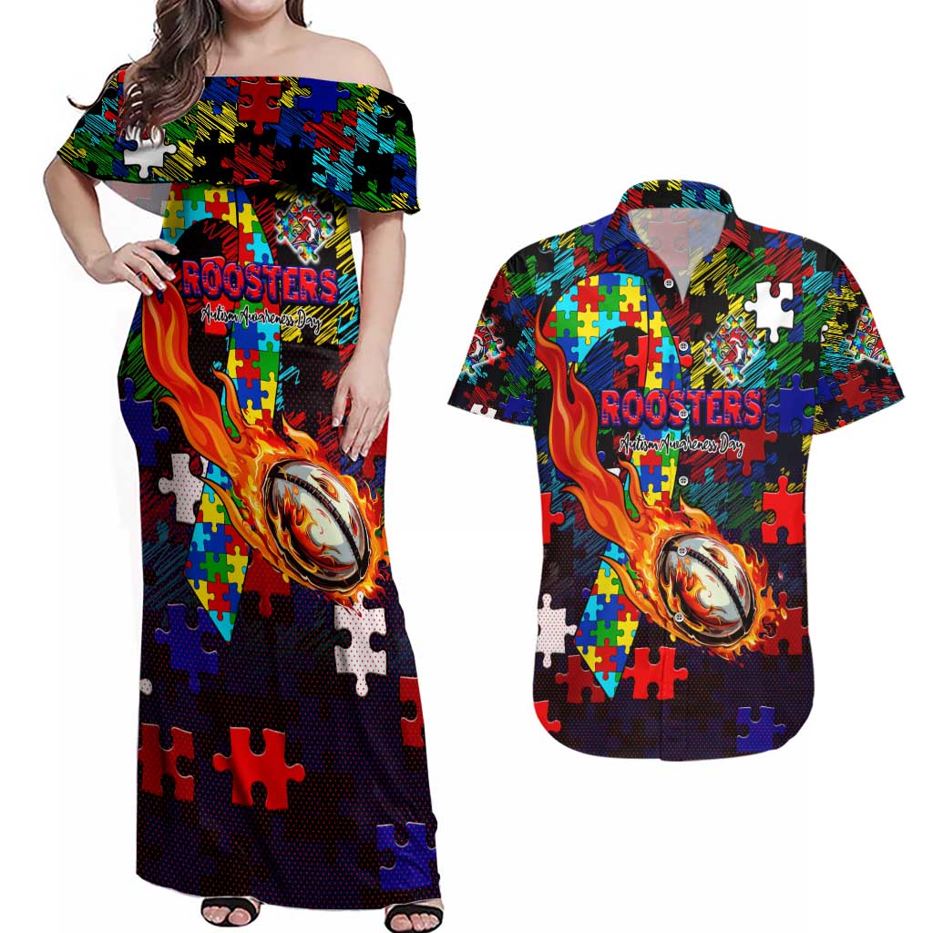 Roosters Autism Awareness Couples Matching Off Shoulder Maxi Dress and Hawaiian Shirt Puzzle Flames Rugby Ball