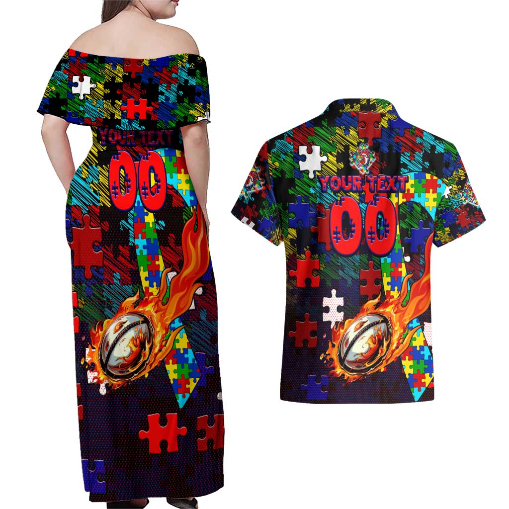 Roosters Autism Awareness Couples Matching Off Shoulder Maxi Dress and Hawaiian Shirt Puzzle Flames Rugby Ball