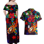 Roosters Autism Awareness Couples Matching Off Shoulder Maxi Dress and Hawaiian Shirt Puzzle Flames Rugby Ball