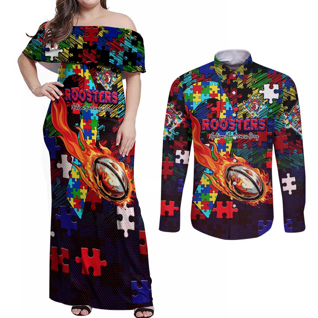 Roosters Autism Awareness Couples Matching Off Shoulder Maxi Dress and Long Sleeve Button Shirt Puzzle Flames Rugby Ball