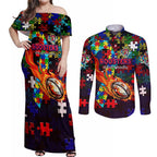Roosters Autism Awareness Couples Matching Off Shoulder Maxi Dress and Long Sleeve Button Shirt Puzzle Flames Rugby Ball