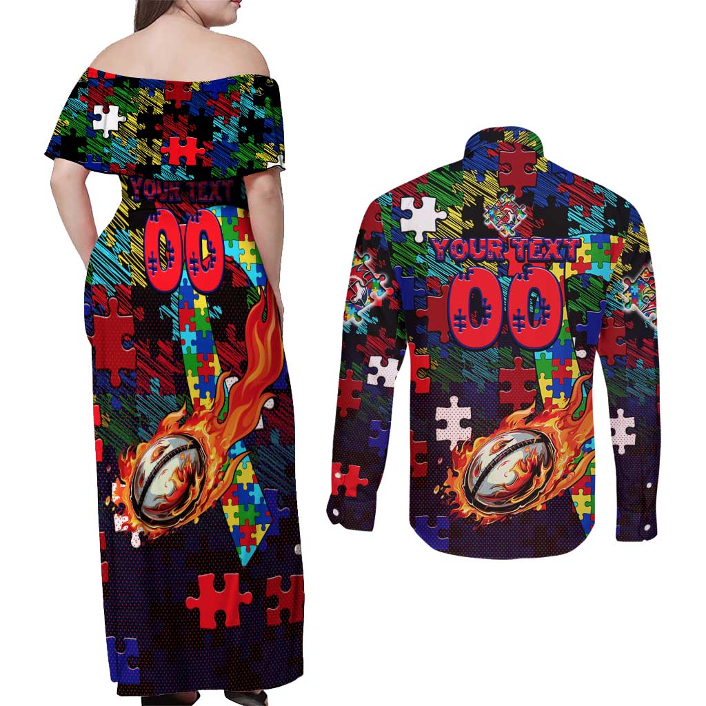 Roosters Autism Awareness Couples Matching Off Shoulder Maxi Dress and Long Sleeve Button Shirt Puzzle Flames Rugby Ball
