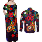 Roosters Autism Awareness Couples Matching Off Shoulder Maxi Dress and Long Sleeve Button Shirt Puzzle Flames Rugby Ball