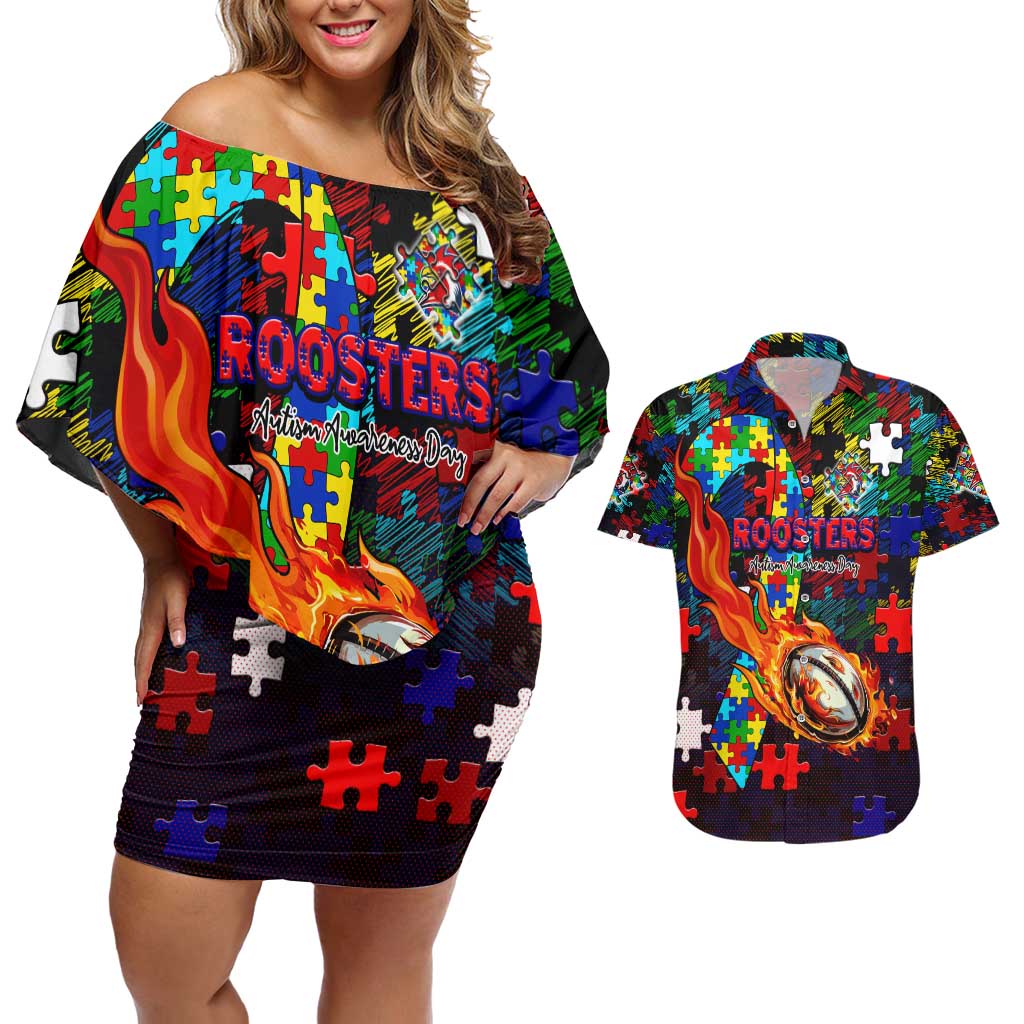 Roosters Autism Awareness Couples Matching Off Shoulder Short Dress and Hawaiian Shirt Puzzle Flames Rugby Ball