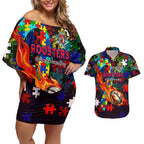 Roosters Autism Awareness Couples Matching Off Shoulder Short Dress and Hawaiian Shirt Puzzle Flames Rugby Ball