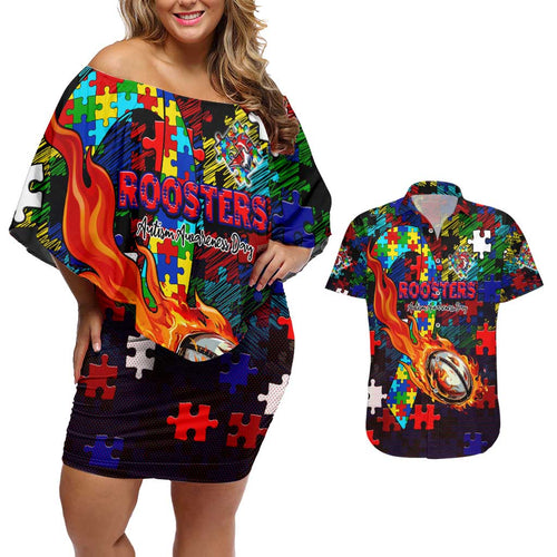 Roosters Autism Awareness Couples Matching Off Shoulder Short Dress and Hawaiian Shirt Puzzle Flames Rugby Ball