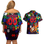 Roosters Autism Awareness Couples Matching Off Shoulder Short Dress and Hawaiian Shirt Puzzle Flames Rugby Ball