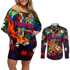 Roosters Autism Awareness Couples Matching Off Shoulder Short Dress and Long Sleeve Button Shirt Puzzle Flames Rugby Ball