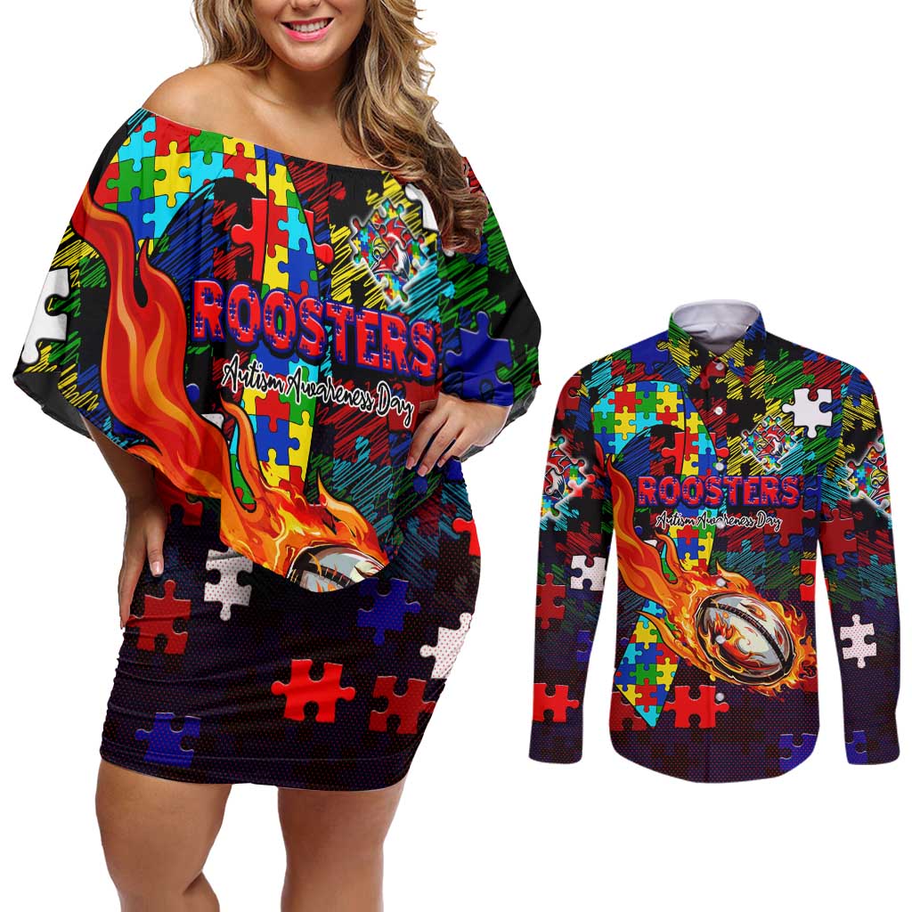 Roosters Autism Awareness Couples Matching Off Shoulder Short Dress and Long Sleeve Button Shirt Puzzle Flames Rugby Ball
