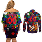Roosters Autism Awareness Couples Matching Off Shoulder Short Dress and Long Sleeve Button Shirt Puzzle Flames Rugby Ball