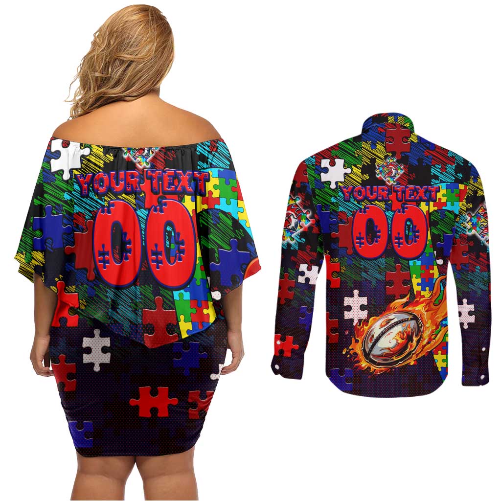 Roosters Autism Awareness Couples Matching Off Shoulder Short Dress and Long Sleeve Button Shirt Puzzle Flames Rugby Ball