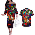 Roosters Autism Awareness Couples Matching Off The Shoulder Long Sleeve Dress and Hawaiian Shirt Puzzle Flames Rugby Ball