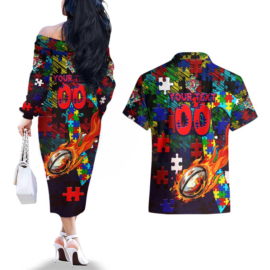 Roosters Autism Awareness Couples Matching Off The Shoulder Long Sleeve Dress and Hawaiian Shirt Puzzle Flames Rugby Ball