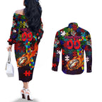 Roosters Autism Awareness Couples Matching Off The Shoulder Long Sleeve Dress and Long Sleeve Button Shirt Puzzle Flames Rugby Ball