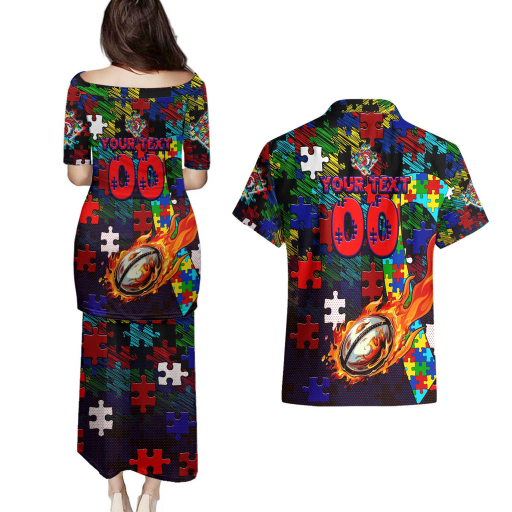 Roosters Autism Awareness Couples Matching Puletasi and Hawaiian Shirt Puzzle Flames Rugby Ball
