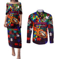 Roosters Autism Awareness Couples Matching Puletasi and Long Sleeve Button Shirt Puzzle Flames Rugby Ball