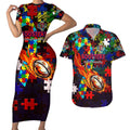 Roosters Autism Awareness Couples Matching Short Sleeve Bodycon Dress and Hawaiian Shirt Puzzle Flames Rugby Ball