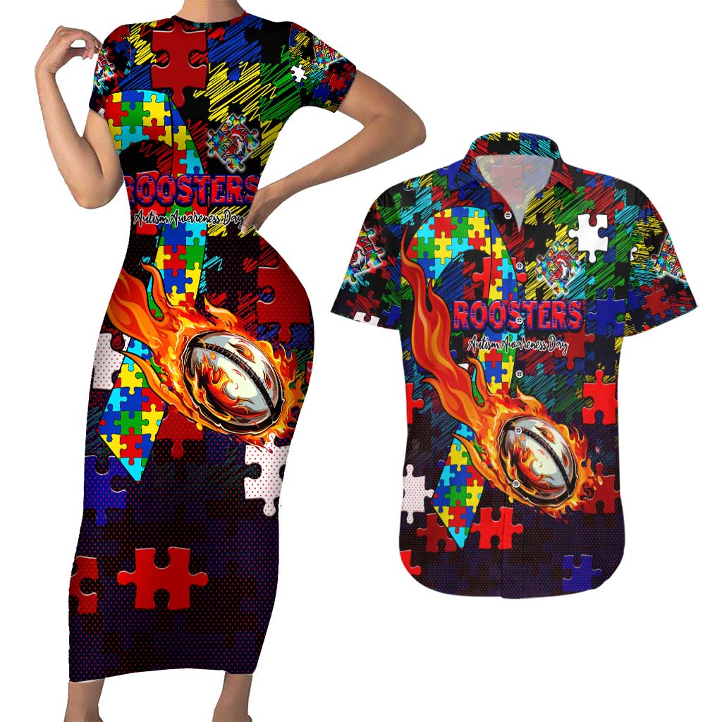 Roosters Autism Awareness Couples Matching Short Sleeve Bodycon Dress and Hawaiian Shirt Puzzle Flames Rugby Ball