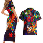 Roosters Autism Awareness Couples Matching Short Sleeve Bodycon Dress and Hawaiian Shirt Puzzle Flames Rugby Ball