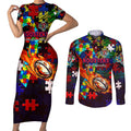 Roosters Autism Awareness Couples Matching Short Sleeve Bodycon Dress and Long Sleeve Button Shirt Puzzle Flames Rugby Ball