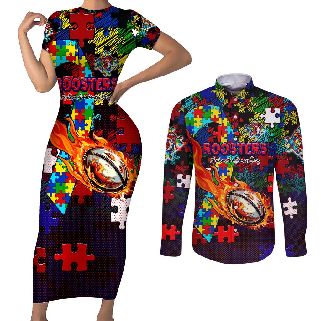 Roosters Autism Awareness Couples Matching Short Sleeve Bodycon Dress and Long Sleeve Button Shirt Puzzle Flames Rugby Ball