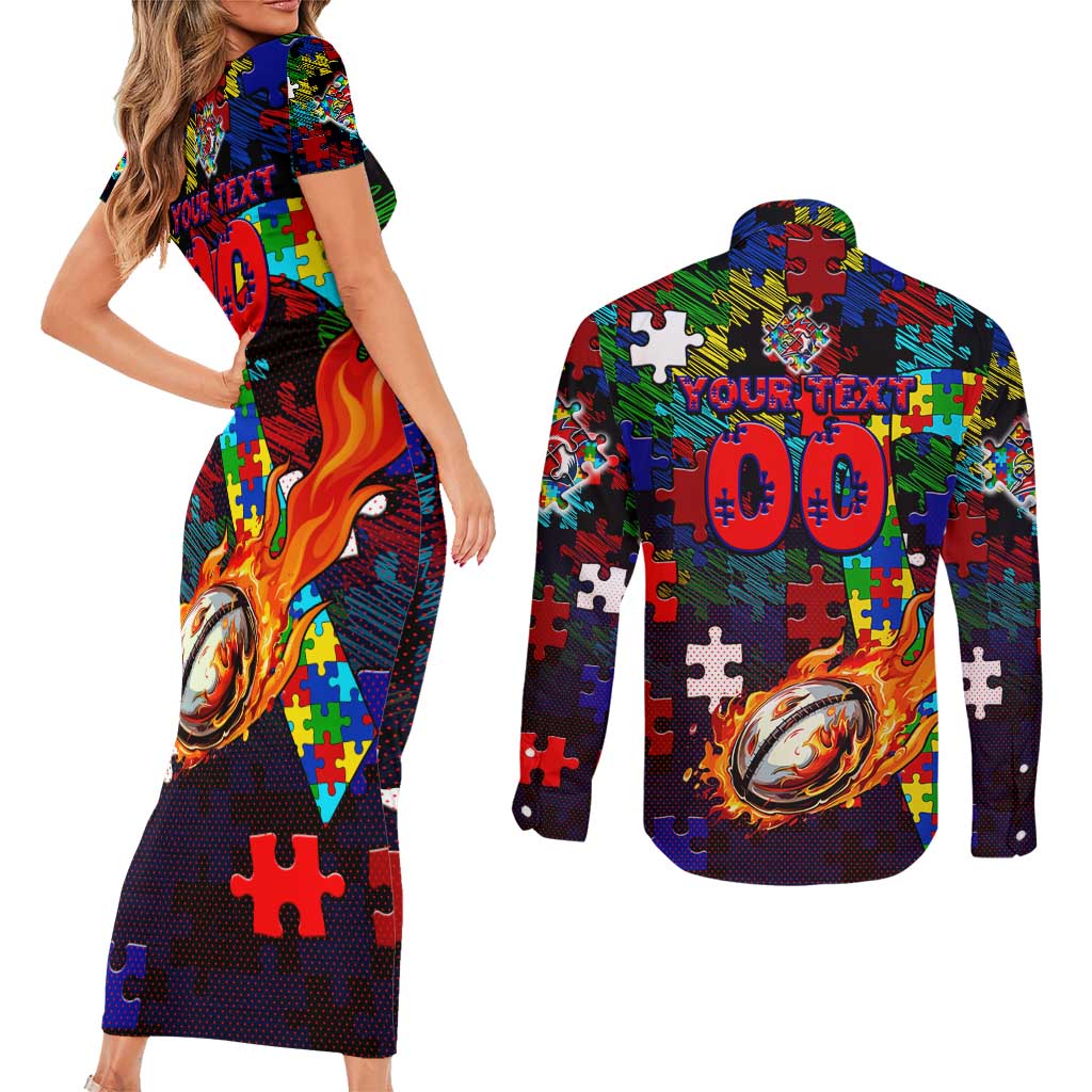 Roosters Autism Awareness Couples Matching Short Sleeve Bodycon Dress and Long Sleeve Button Shirt Puzzle Flames Rugby Ball