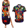 Roosters Autism Awareness Couples Matching Summer Maxi Dress and Hawaiian Shirt Puzzle Flames Rugby Ball