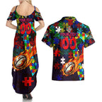 Roosters Autism Awareness Couples Matching Summer Maxi Dress and Hawaiian Shirt Puzzle Flames Rugby Ball