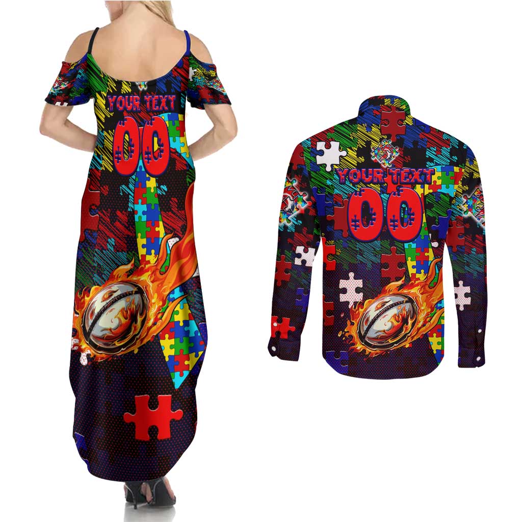 Roosters Autism Awareness Couples Matching Summer Maxi Dress and Long Sleeve Button Shirt Puzzle Flames Rugby Ball
