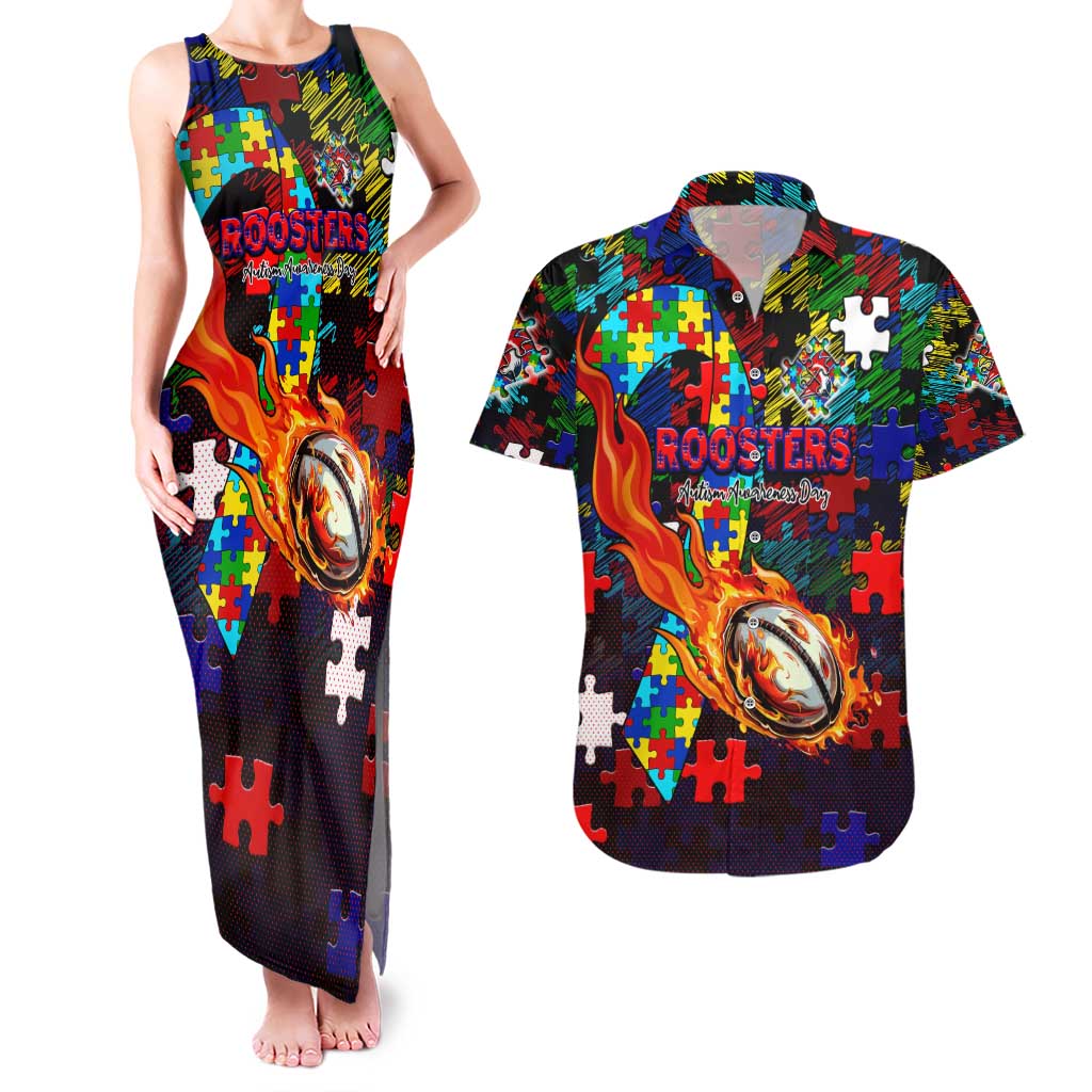 Roosters Autism Awareness Couples Matching Tank Maxi Dress and Hawaiian Shirt Puzzle Flames Rugby Ball