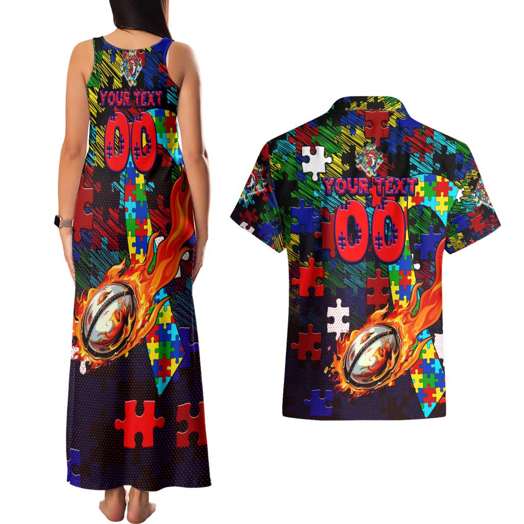 Roosters Autism Awareness Couples Matching Tank Maxi Dress and Hawaiian Shirt Puzzle Flames Rugby Ball