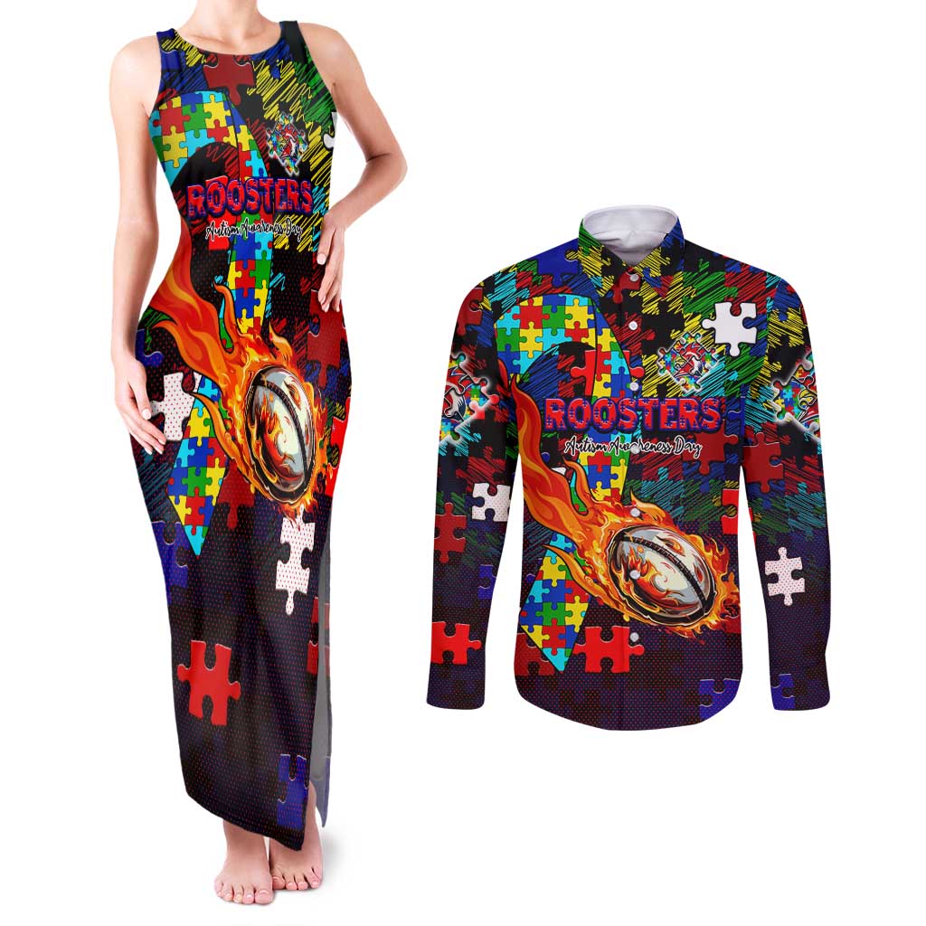 Roosters Autism Awareness Couples Matching Tank Maxi Dress and Long Sleeve Button Shirt Puzzle Flames Rugby Ball
