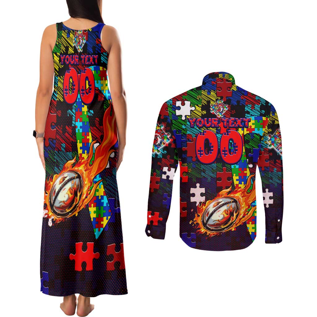 Roosters Autism Awareness Couples Matching Tank Maxi Dress and Long Sleeve Button Shirt Puzzle Flames Rugby Ball